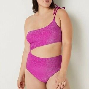 PINK Victoria's Secret One Shoulder Cut Out Monokini Purple Pink Sparkle Med NWT